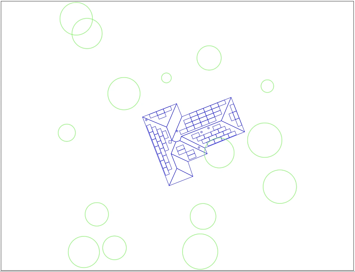 CAD line drawing of a roof layout with panels and surrounding trees