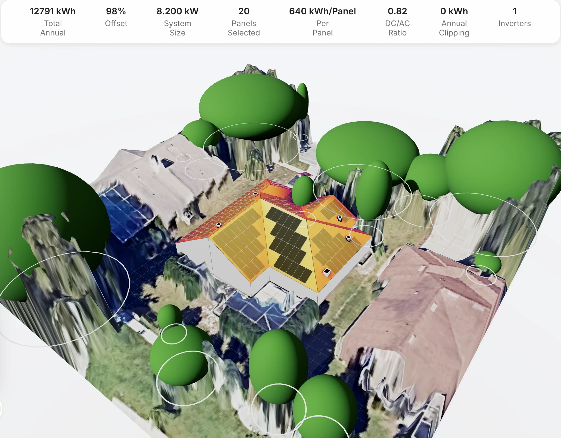 3D model of a home with a shading heat map on the roof, placed panels and annual production, offset and system size figures