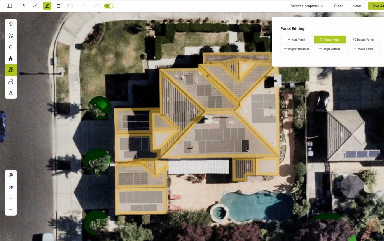 Aerialytic panel editing tool on an aerial view of a home, with roof segments outlined and panels placed
