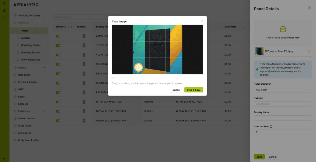 Aerialytic hardware settings with a panel image being cropped in the Panel Details panel