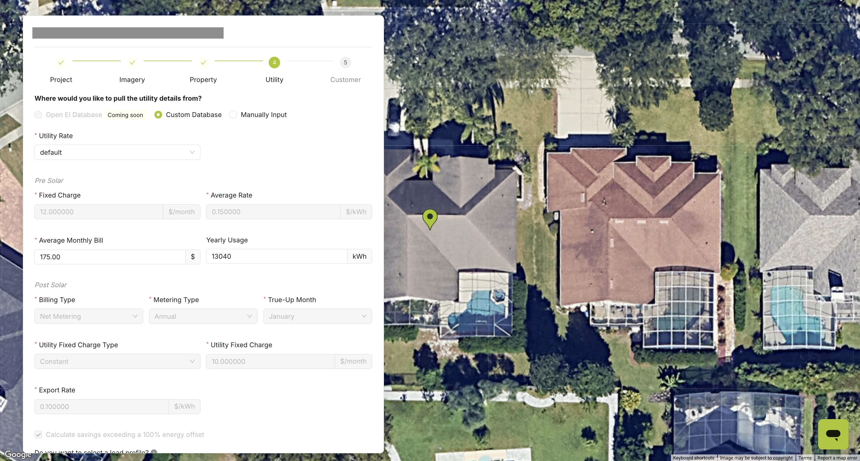 Lead intake form on the Utility step, with pre-solar rates, average monthly bill and yearly usage beside the property map